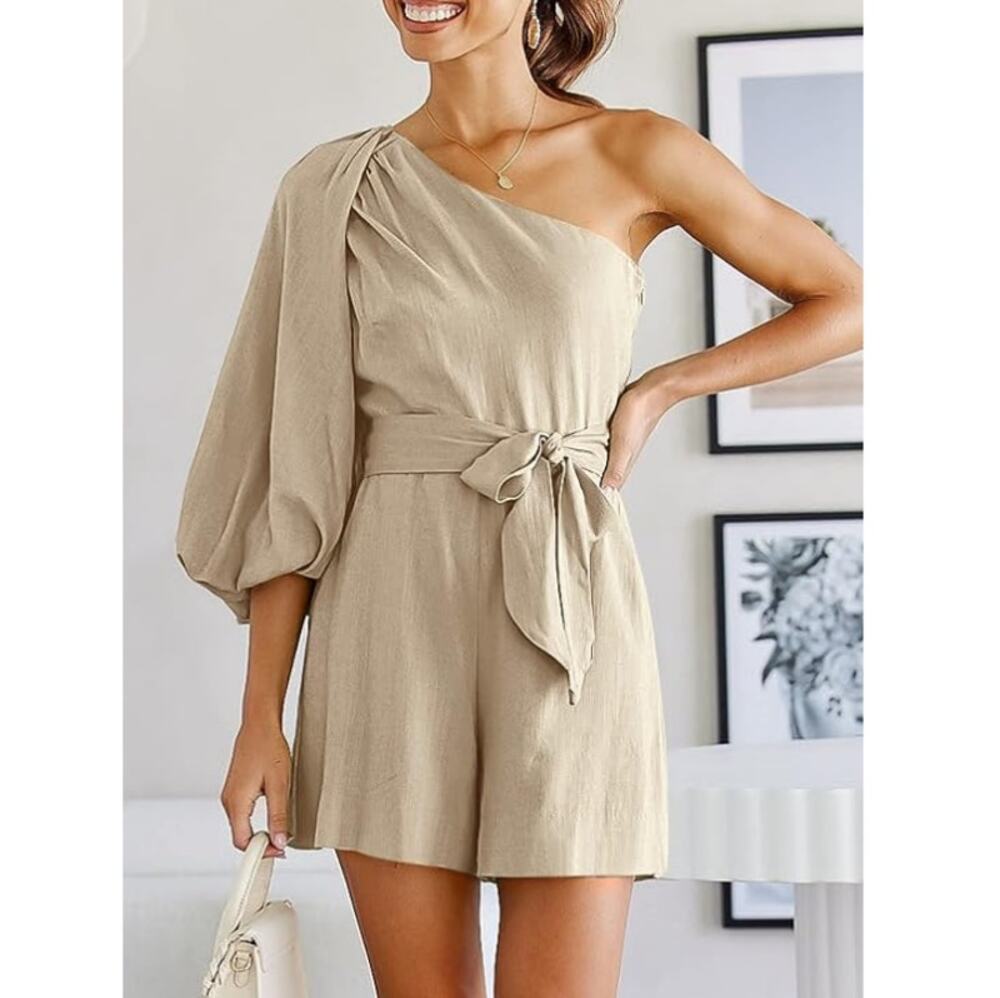 ANRABESS Women's Apricot Summer One Shoulder Puff Sleeve Tie Waist Romper Size S